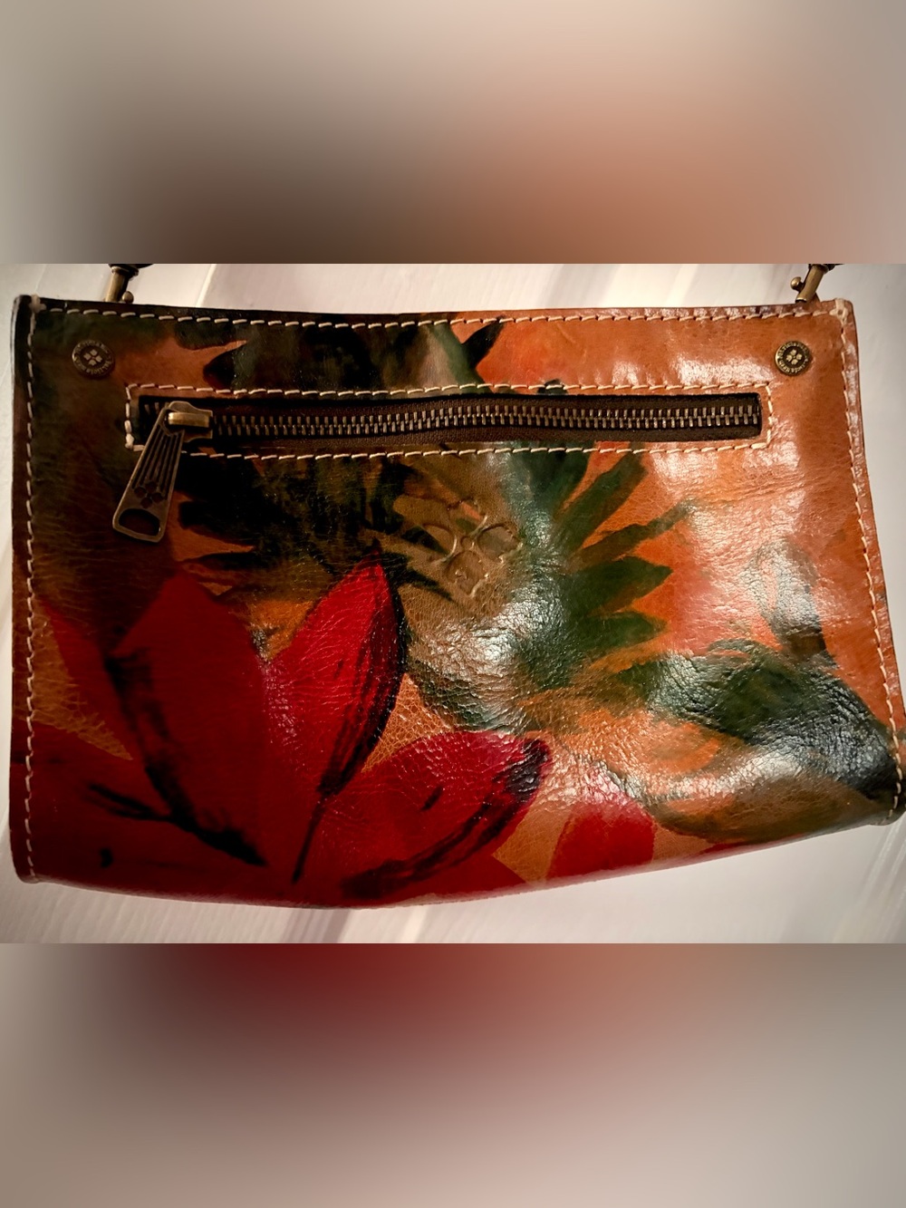 Patricia Nash Red Green Brown Floral Leather Clutch